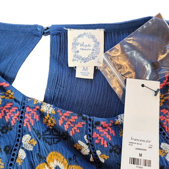 NWT Francesca's Blue Rain Waverly Floral Embroidered Boho Long Sleeve Mini Dress - Picture 5 of 16